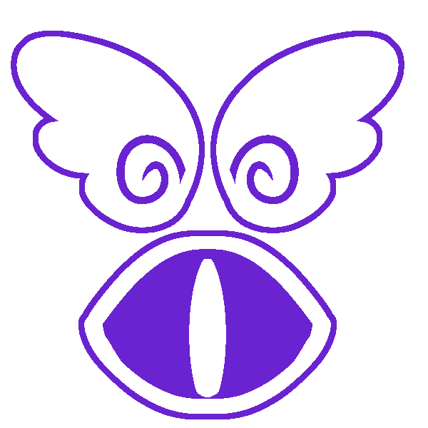 A purple eye with white feathered wings above it, outlined in purple.